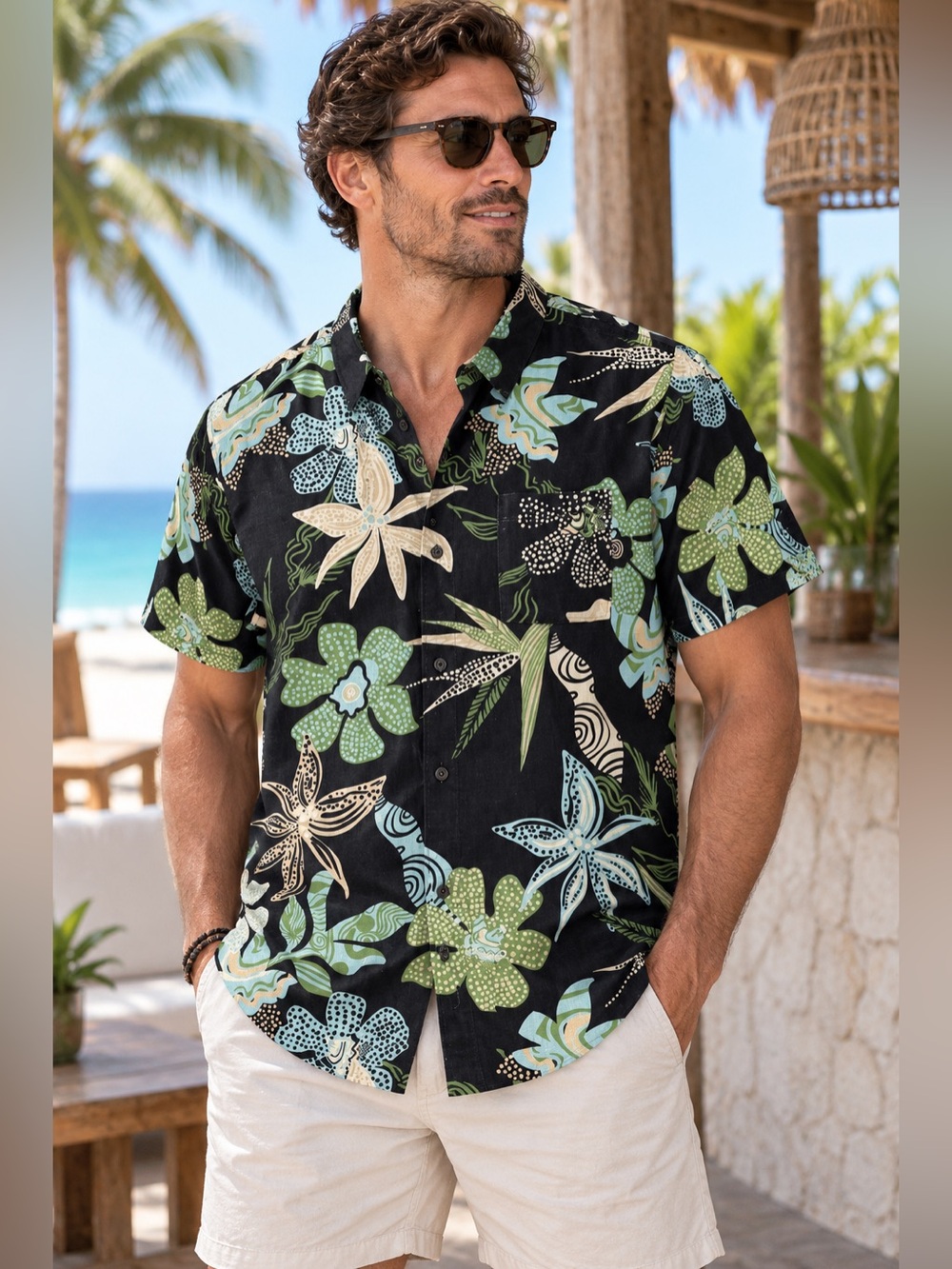 Roark Black Short-Sleeve Floral Button-Down Shirt with Green and Blue Print